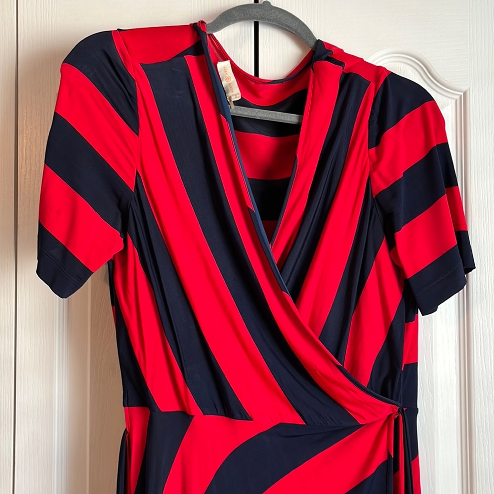 Tory Burch wrap tie Dress Red blue stripe shirt sleeve